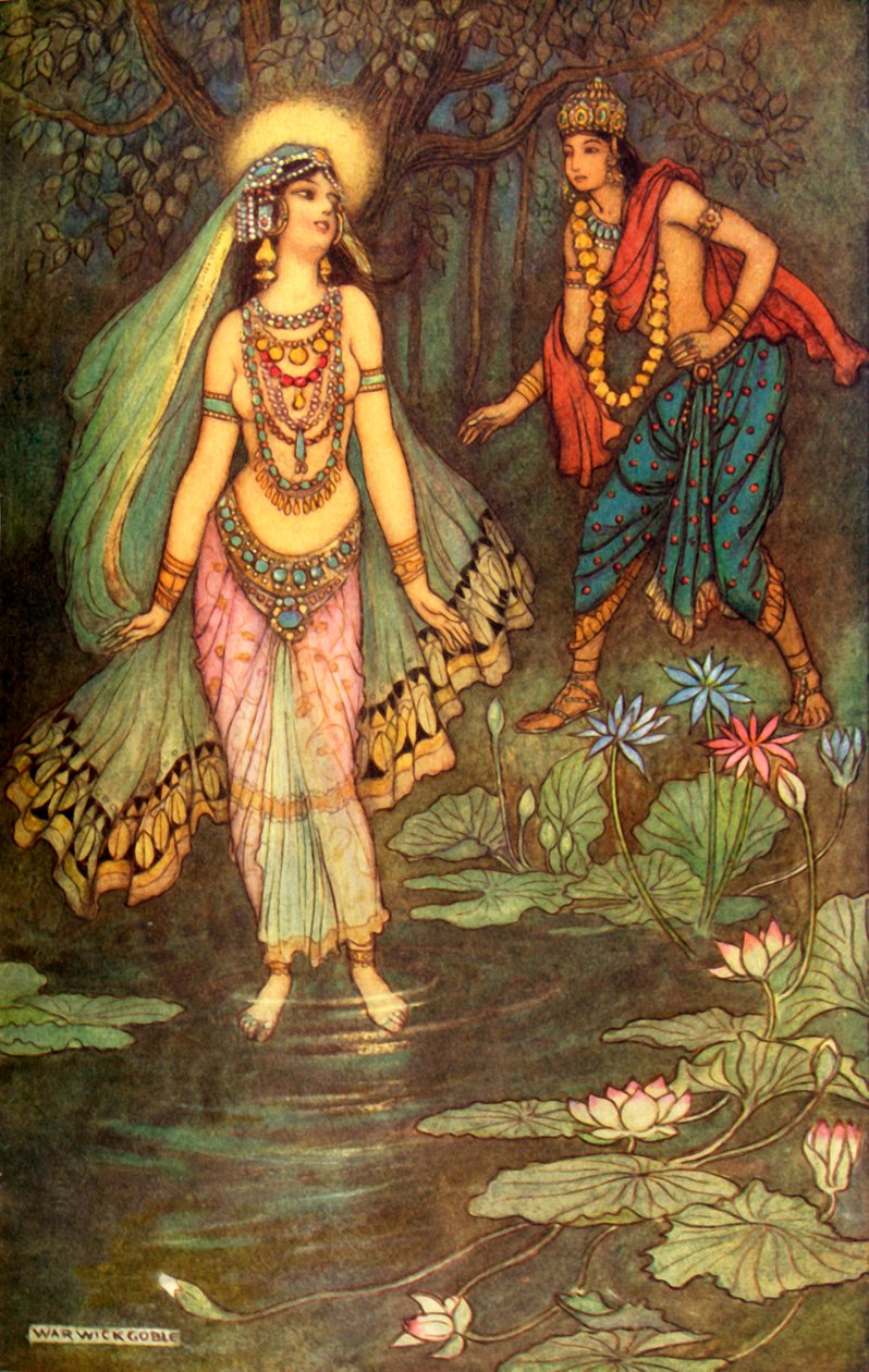„Shantanu spotyka boginię Gangę”, 1913. autorstwa Warwick Goble