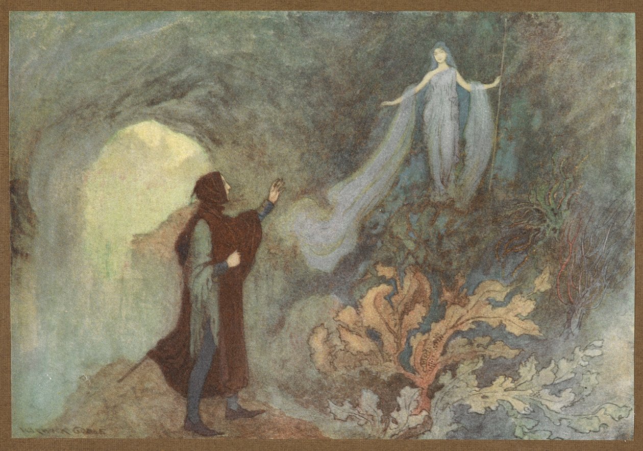 Wróżka ukazująca się księciu w grocie z Kopciuszka. autorstwa Warwick Goble