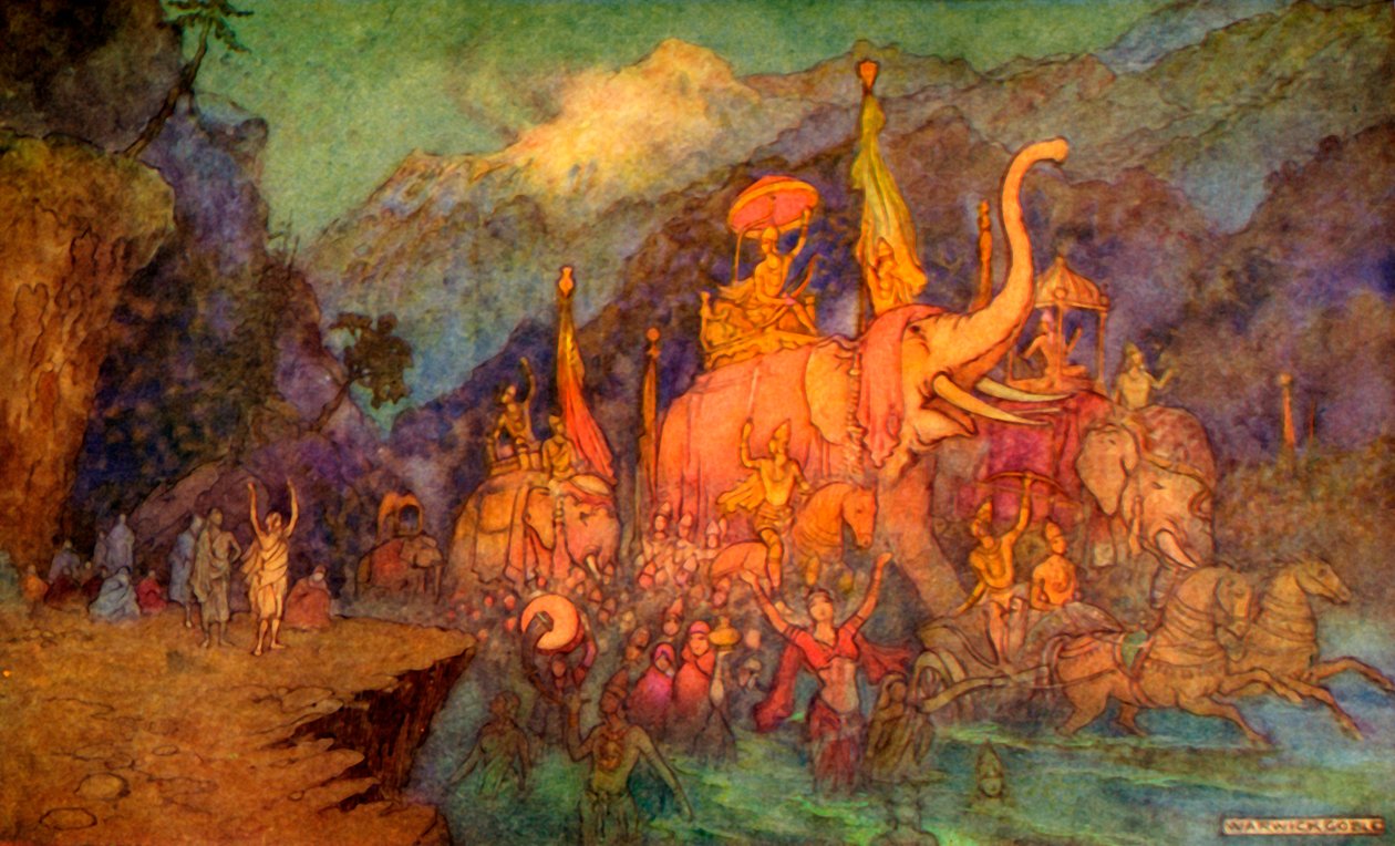 „Powrót bohaterów zabitych w bitwie”, 1913. autorstwa Warwick Goble