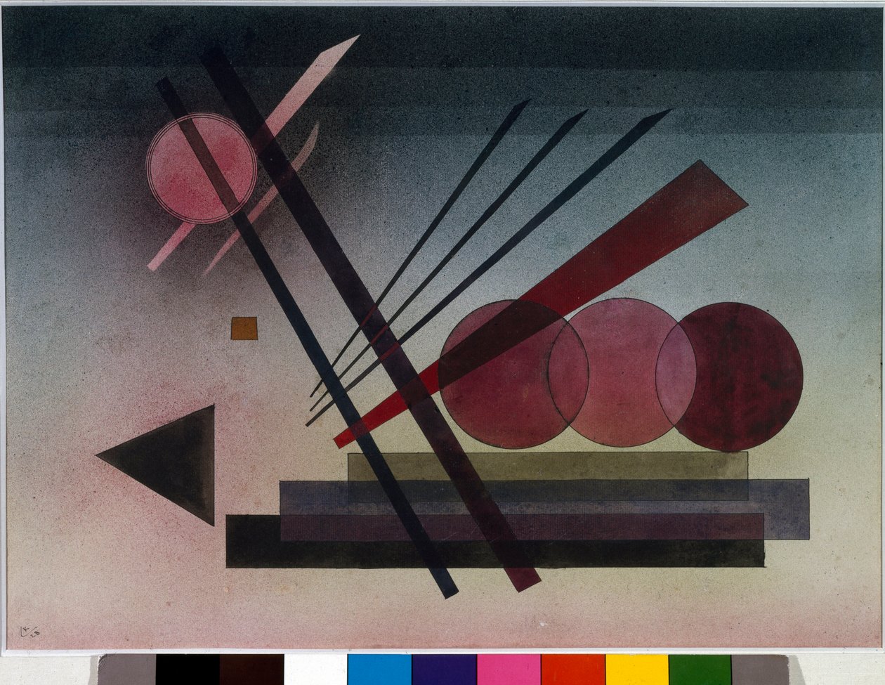 Ekspresjonizm: „”Schwebende Kraft””” (zawieszenie siły) Akwarela Wasilija Kandinskiego (lub Wassily Kandinski lub Kandinskij, 1866-1944). 1928 niedz. 34,5x47 cm Kolekcja prywatna autorstwa Wassily Kandinsky