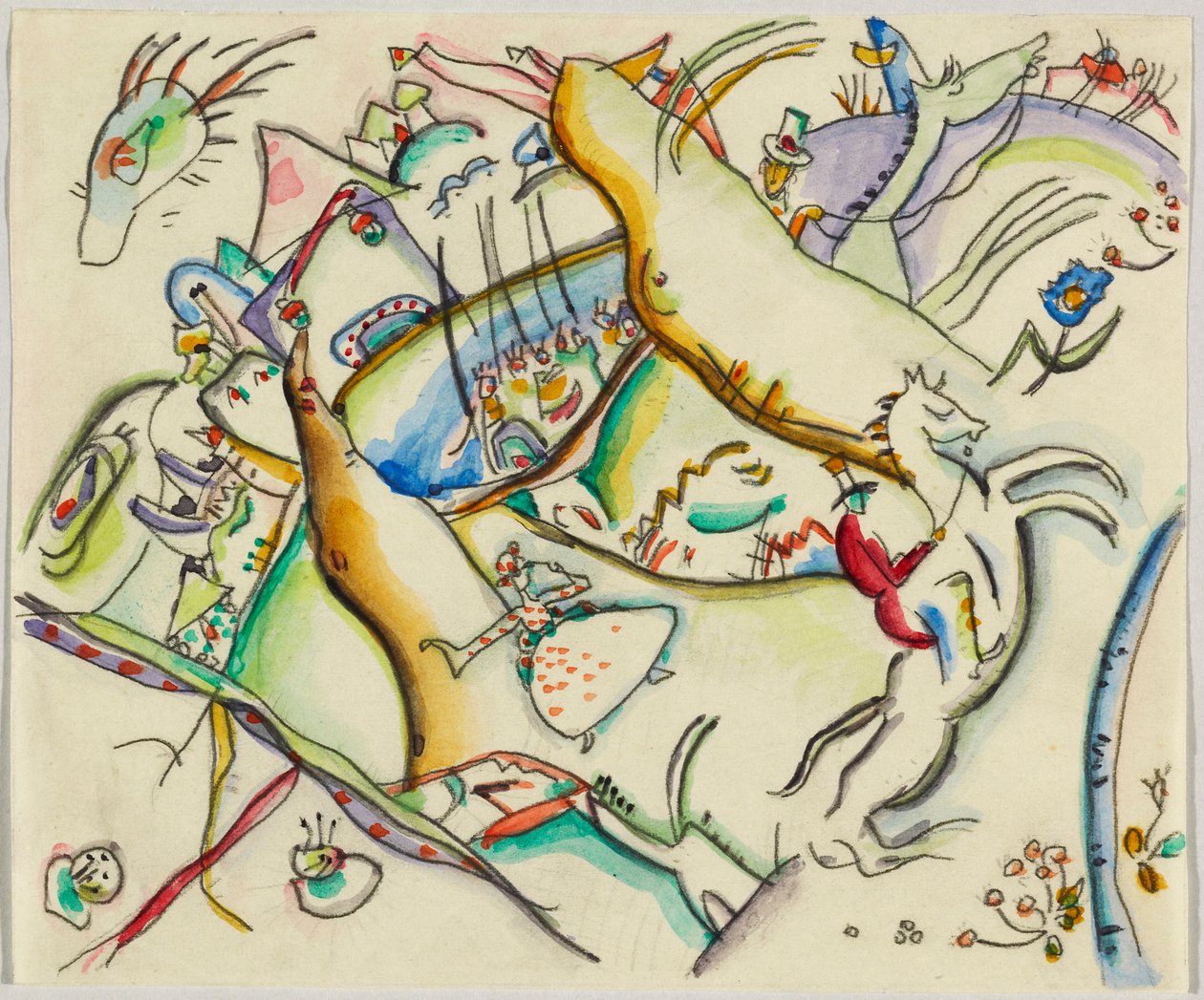 Akwarela do Ryciny III; Pejzaż z jeźdźcami autorstwa Wassily Kandinsky