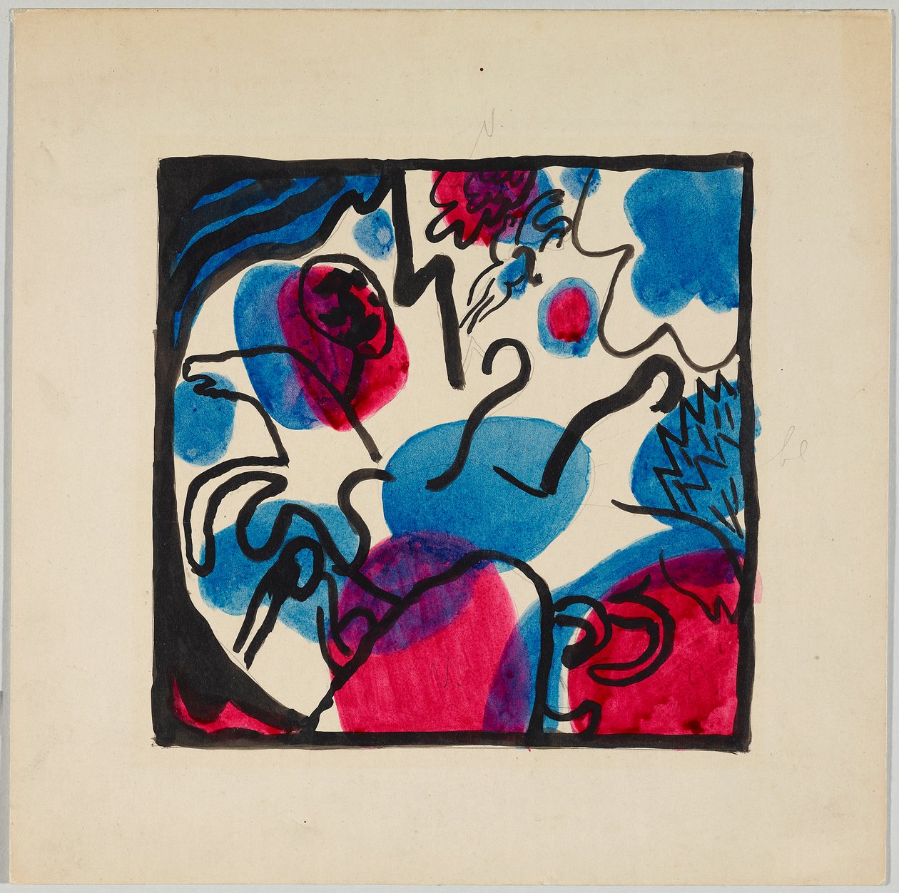Szkic do kolorowego drzeworytu „Trzej jeźdźcy w czerwieni, błękicie i czerni” autorstwa Wassily Kandinsky