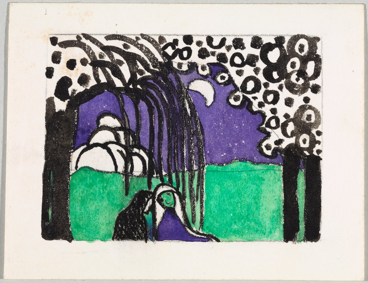 Projekt drzeworytu kolorowego „Dwie kobiety w księżycowym krajobrazie” autorstwa Wassily Kandinsky