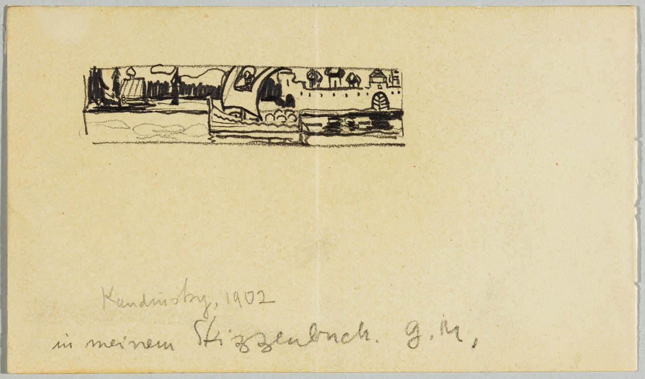 Krajobraz rzeczny z łodzią i otoczonym murami miastem autorstwa Wassily Kandinsky