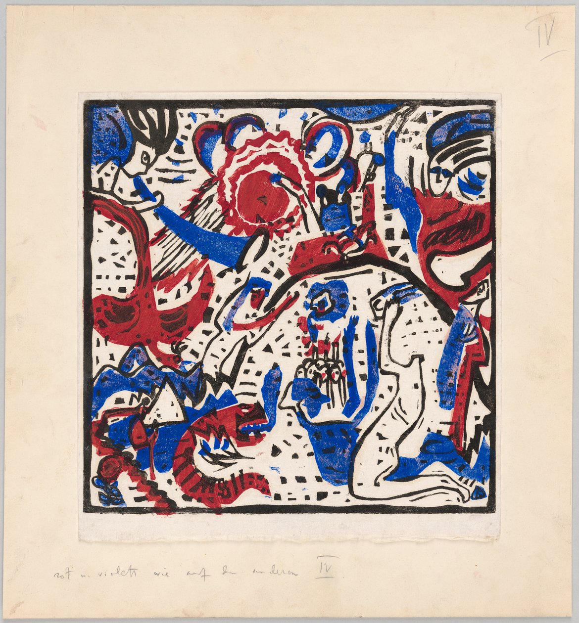 Holzschnitt nach dem Hinterglasbild "Große Auferstehung" (Probedruck mit Anweisungen für Kandinskys Buch "Klänge" (1912), S. 97) autorstwa Wassily Kandinsky