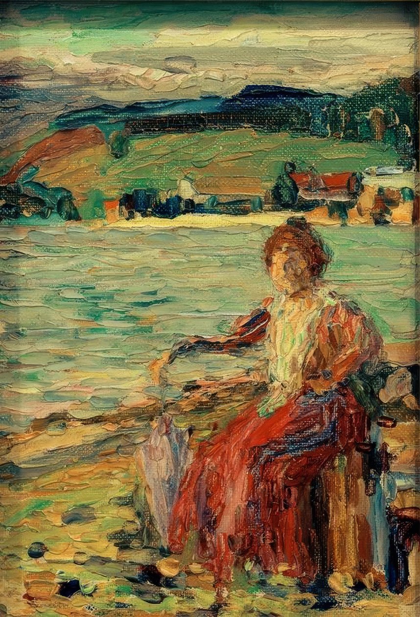 W czerwonej sukience na brzegu jeziora autorstwa Wassily Kandinsky