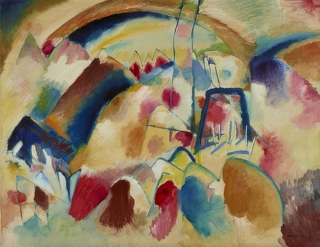Krajobraz z kościołem (krajobraz z czerwonymi plamami I). 1913 autorstwa Wassily Kandinsky