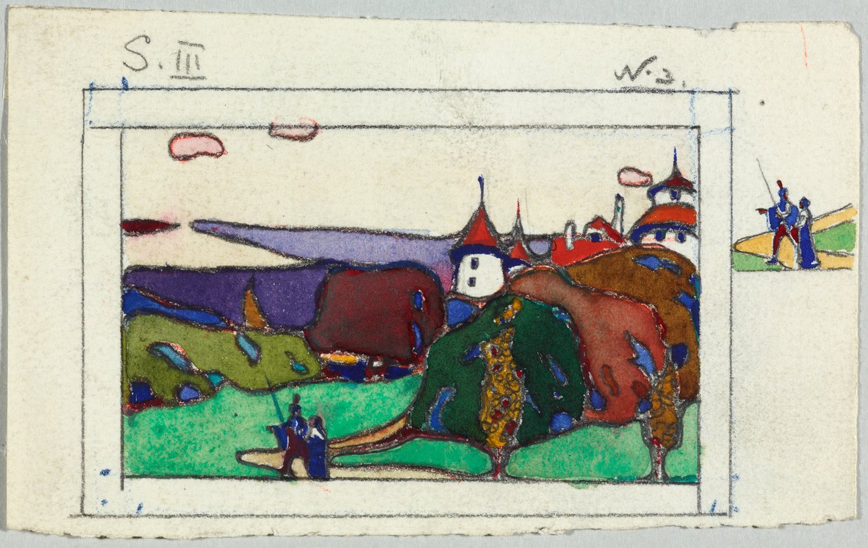 Krajobraz z parą w średniowiecznych strojach, na odwrocie: fragment przedstawiający rycerza w zbroi autorstwa Wassily Kandinsky