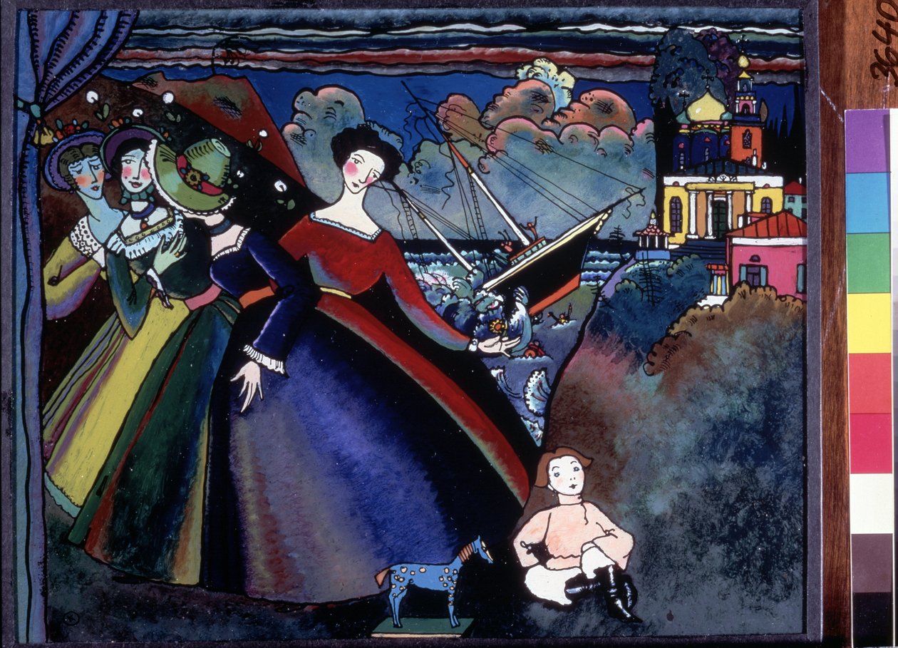 ""Statek"" Młode kobiety w porcie, w oddali wydaje się, że tonie łódź. Obraz Wassily Kandinsky (lub Wassily Kandinski lub Kandinskij autorstwa Wassily Kandinsky