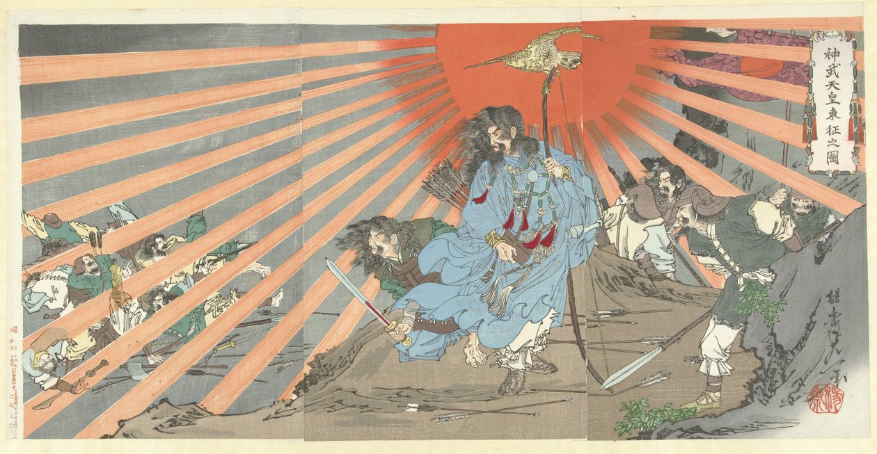 Wschodnia Ekspedycja Cesarza Jinmu Jinmu tenno Tosei no zu (tytuł na obiekcie) autorstwa Watanabe Nobukazu