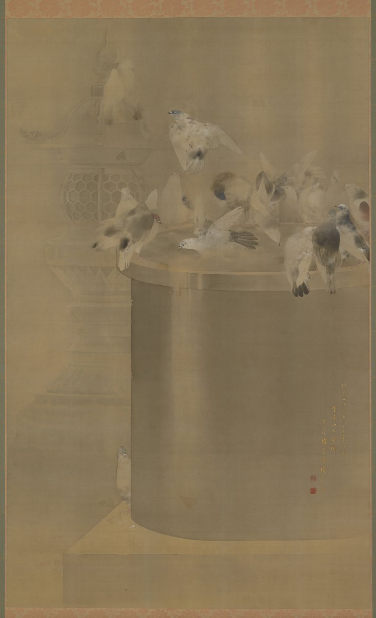 Gołębie w Senjoji (Świątynia Asakusa Kannon) Meiji Era, 1877 (tusz i kolor na jedwabiu) autorstwa Watanabe Seitei