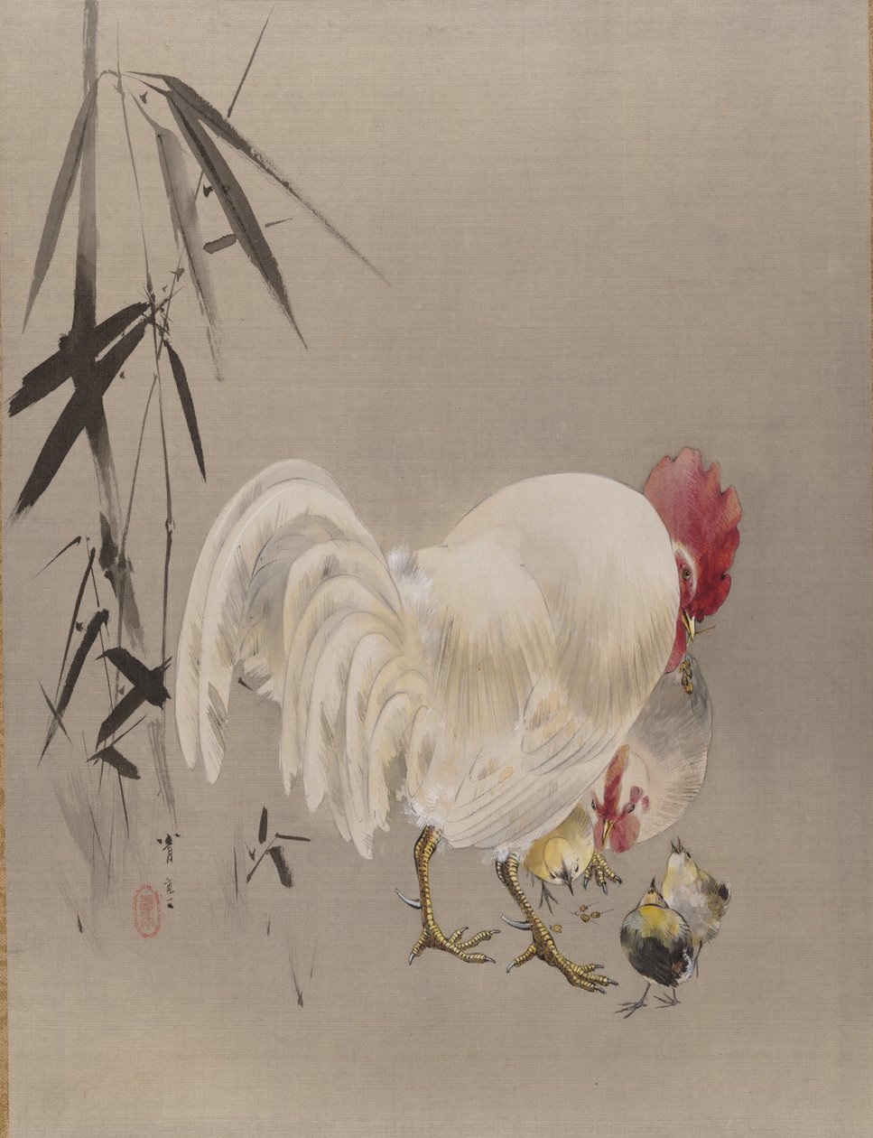 Kogut i Kura z Kurczakami, ca. 1887. autorstwa Watanabe Seitei