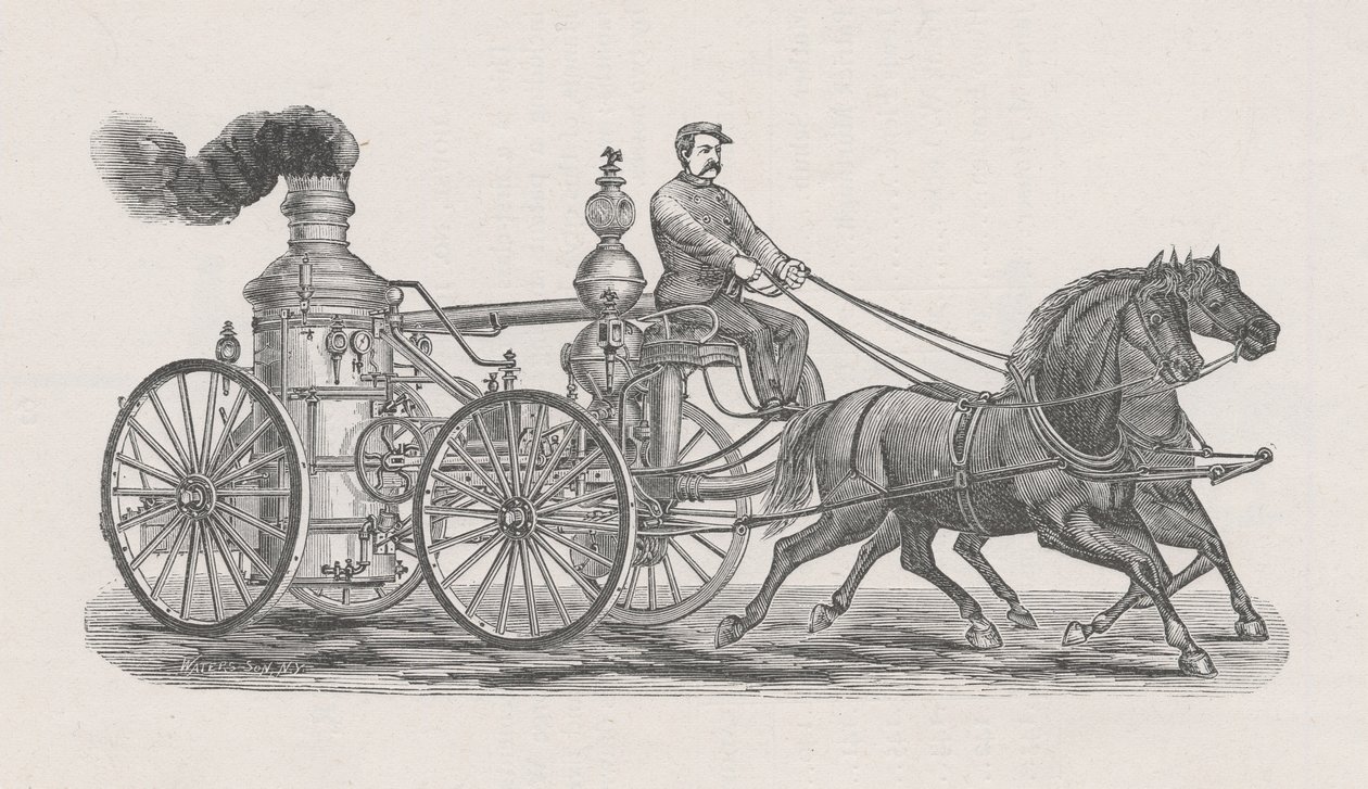 Ilustracja parowca R.A. Wóz strażacki Williams nr 17, z Raportu Zarządu Policji w Straży Pożarnej do Rady Wspólnej Miasta Chicago, s. 60., 1872 (drewnoryt) autorstwa Waters and Son Waters and Son