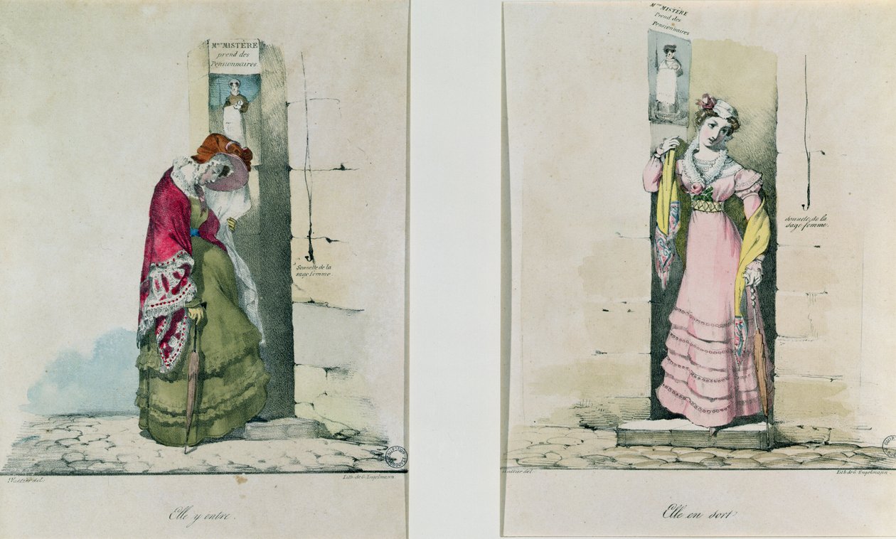 Kobieta wchodząca i wychodząca z kliniki aborcyjnej, rycina Godefroy Engelmann (1788-1839) autorstwa Wattier