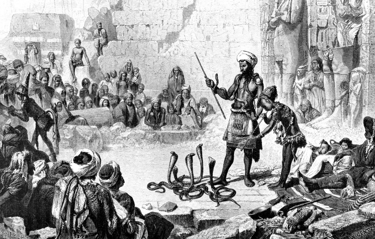 „Zaklinacz węży w drugiej sali Medinet-Habou”, 1881 r. autorstwa Weber M