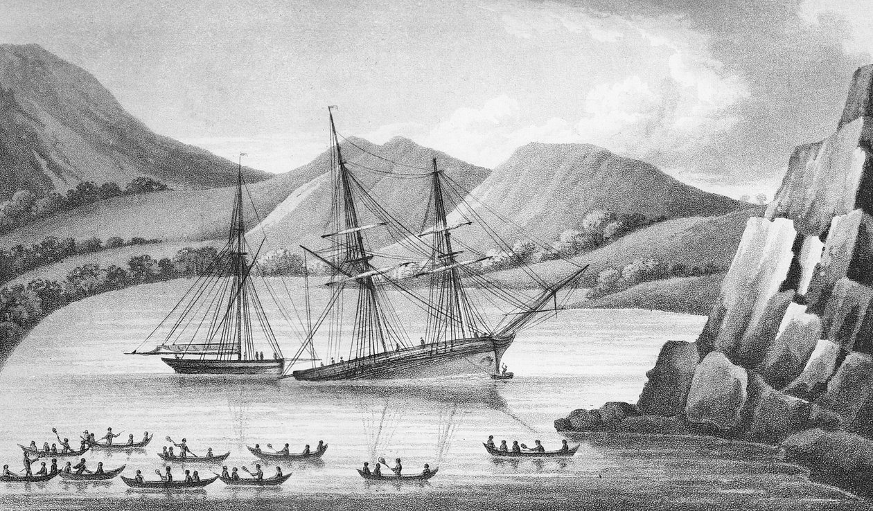 Brig Jane i Cutter Beaufoy przechodzący przez łańcuch Lodowych Wysp, 1826 autorstwa Weddell