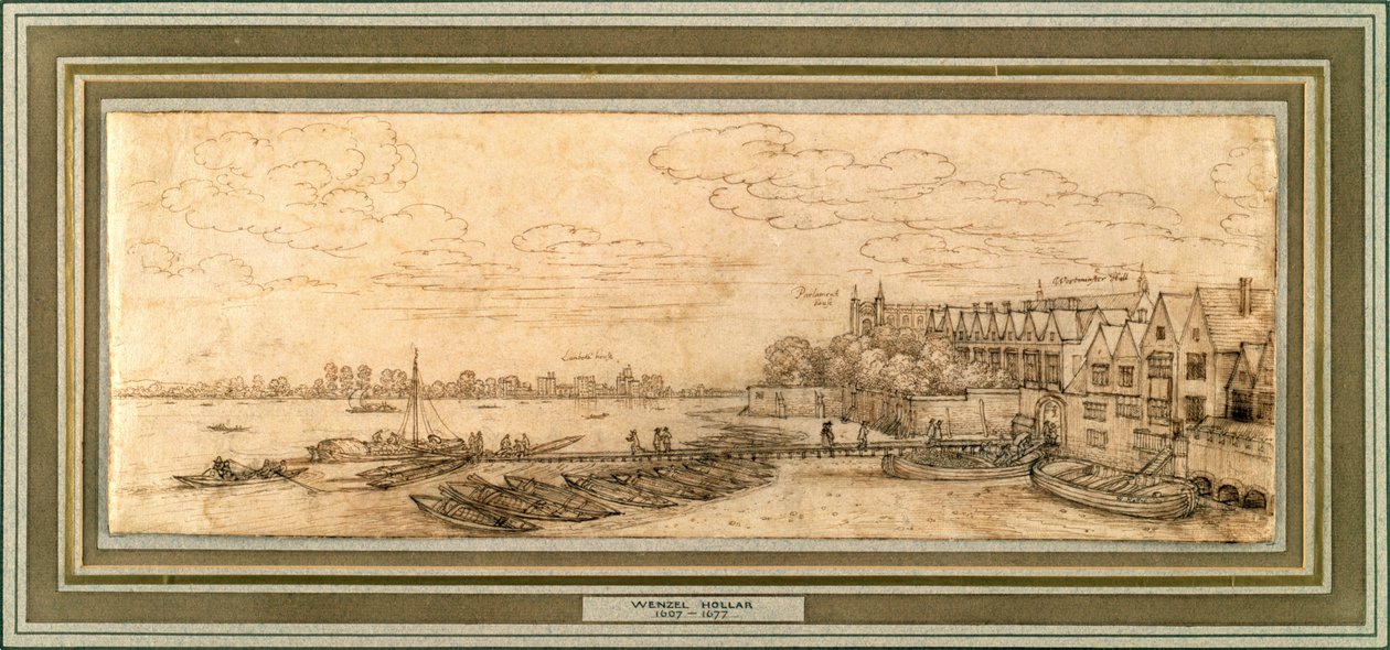 Tamiza pod Westminster Pier, ok. 1638 (pióro i brązowy atrament na papierze) autorstwa Wenceslaus Hollar