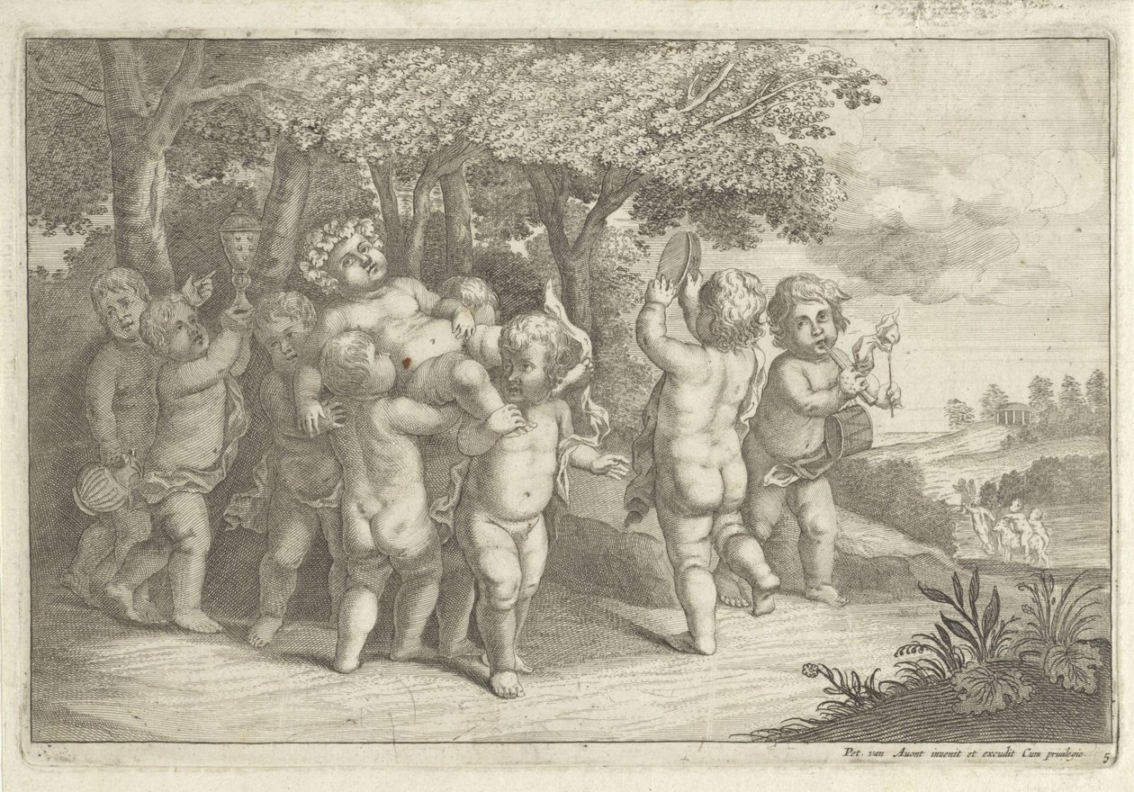 Chłopcy tworzący muzykę i tańczący noszą bachantkę autorstwa Wenceslaus Hollar (rejected attribution)