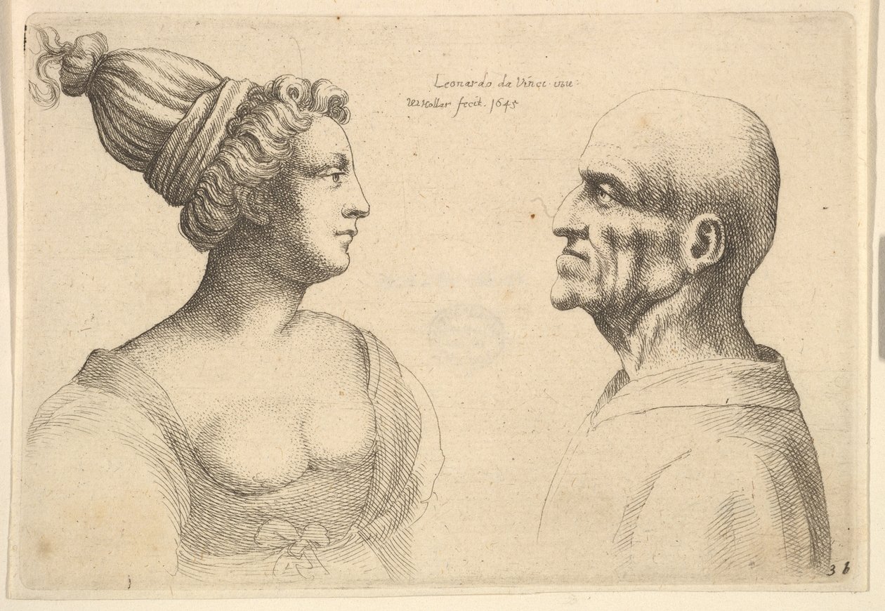 Kobieta z włosami związanymi do tyłu i łysy mężczyzna zwrócony do siebie, 1645. autorstwa Wenceslaus Hollar