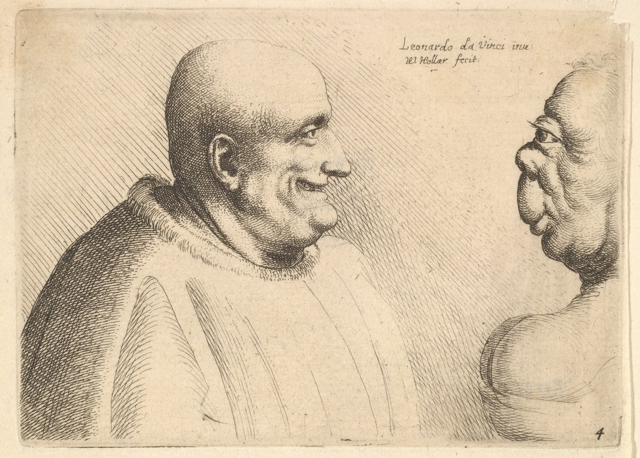 Wysoki mężczyzna z łysiną twarzą do groteskowej kobiety, 1625-77. autorstwa Wenceslaus Hollar