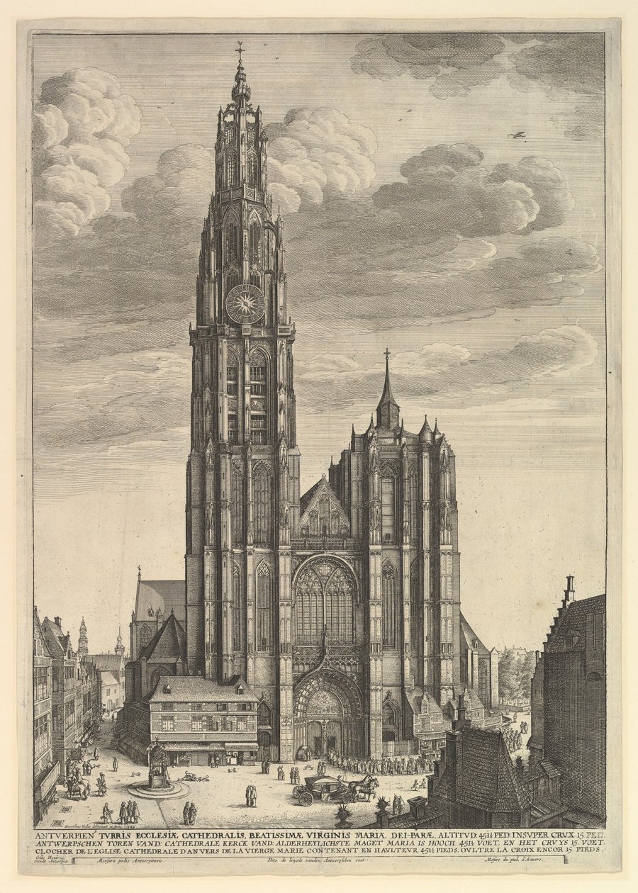 Katedra w Antwerpii Prospectus Tvrris Ecclesiae Cathedralis, 1625-77 autorstwa Wenceslaus Hollar