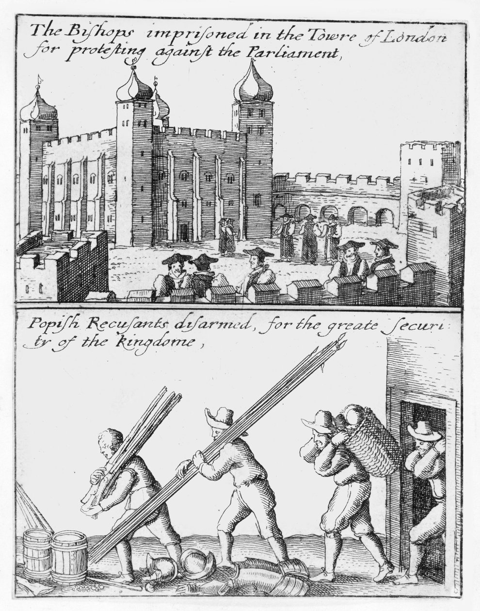 Biskupi uwięzieni w Tower of London; Rozbrojeni papiescy rekuzyści autorstwa Wenceslaus Hollar