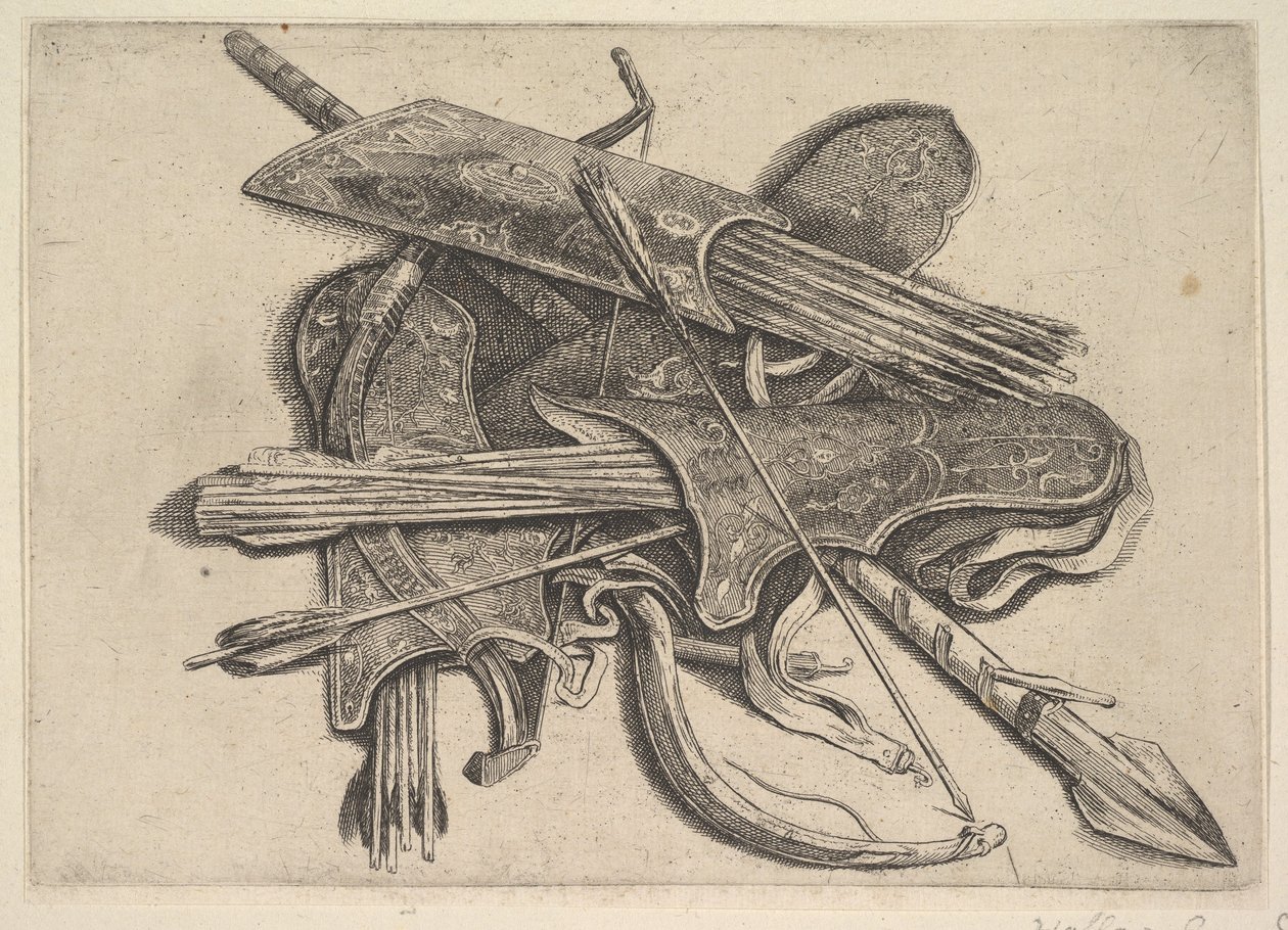 Łuki, kołczany i włócznia, 1625-77. autorstwa Wenceslaus Hollar