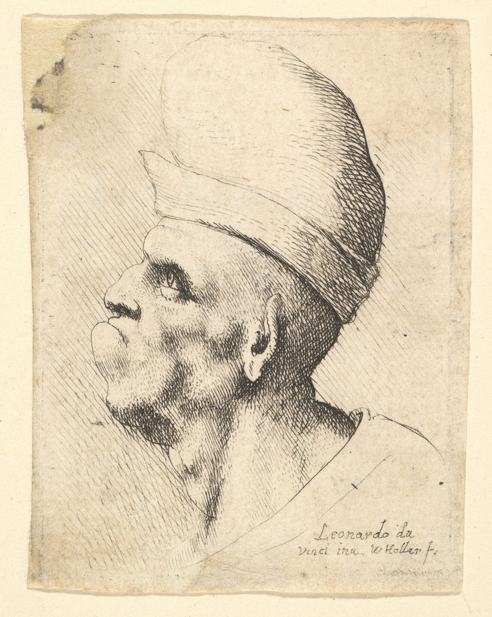 Popiersie zdeformowanego mężczyzny w bulwiastym kapeluszu z profilu po lewej, 1625-77. autorstwa Wenceslaus Hollar