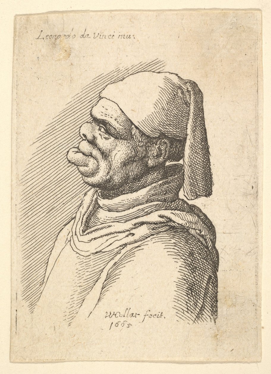 Popiersie zdeformowanego mężczyzny w kapeluszu i grubej, wystającej z profilu do lewej wargi, 1625-77. autorstwa Wenceslaus Hollar