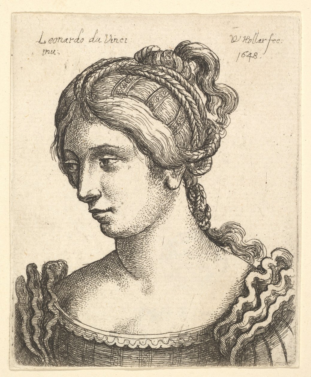 Popiersie kobiety patrzącej w dół w lewo z misternie zdobionymi włosami, 1648. autorstwa Wenceslaus Hollar