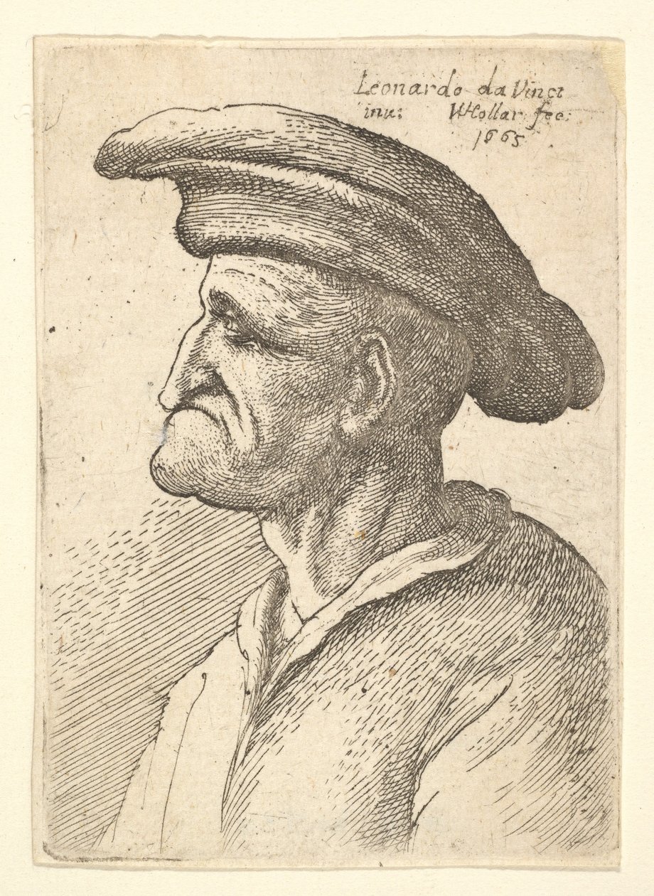 Popiersie starszego mężczyzny z nosem, który styka się z dolną wargą, noszącego szeroki kaszkiet o profilu t..., 1665. autorstwa Wenceslaus Hollar