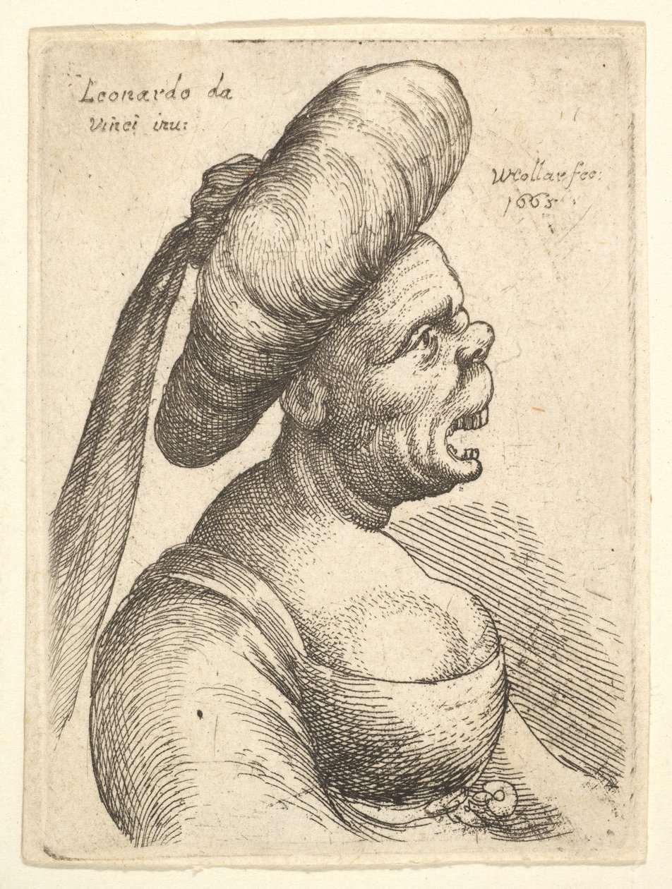 Popiersie kobiety z szeroko otwartymi ustami i zadartym nosem, ubrana w duży płaski turban ze skrzepem..., 1665. autorstwa Wenceslaus Hollar