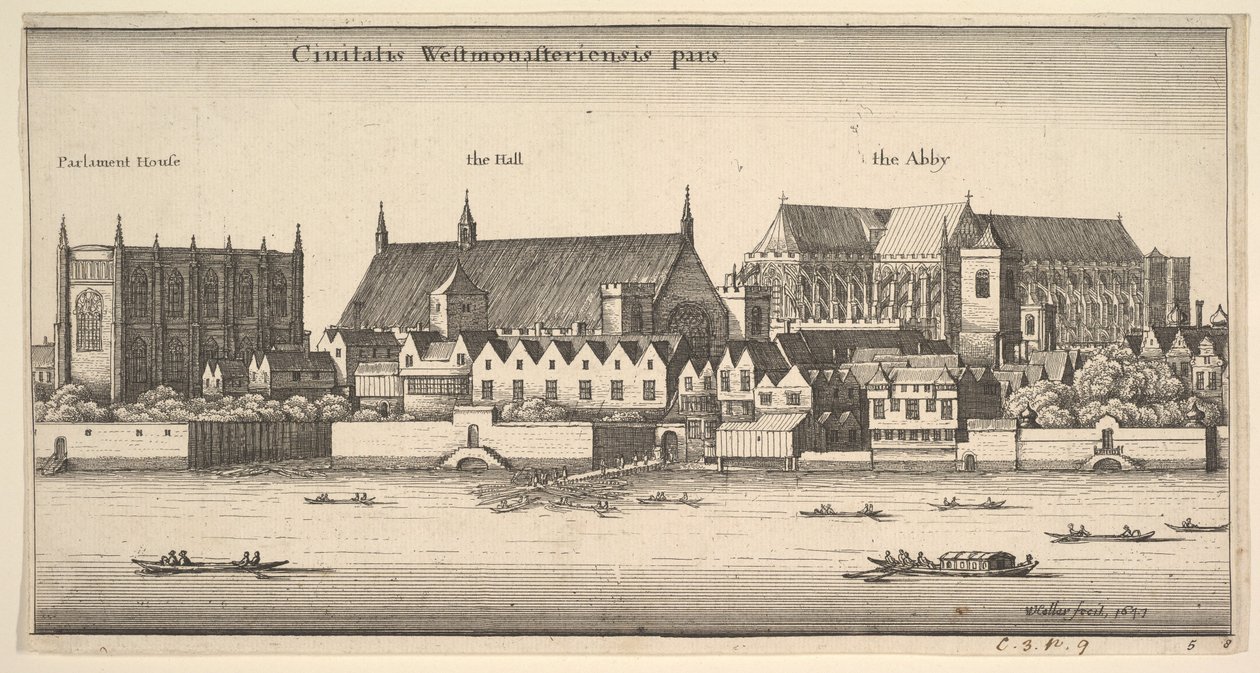 Część miasta Westminster, Westminster od rzeki, 1647. autorstwa Wenceslaus Hollar