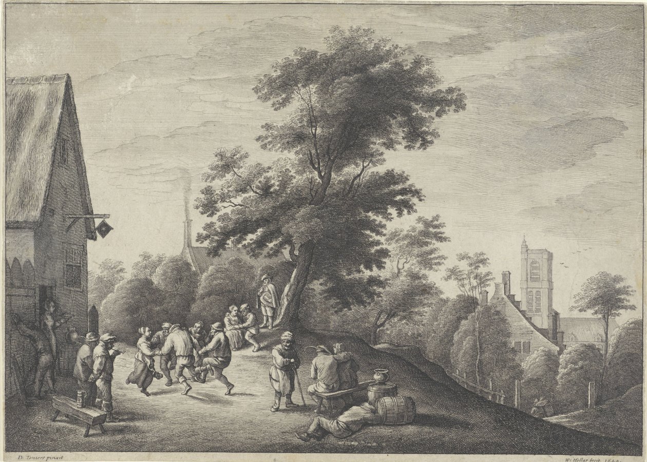 Tańczący chłopi przed karczmą autorstwa Wenceslaus Hollar