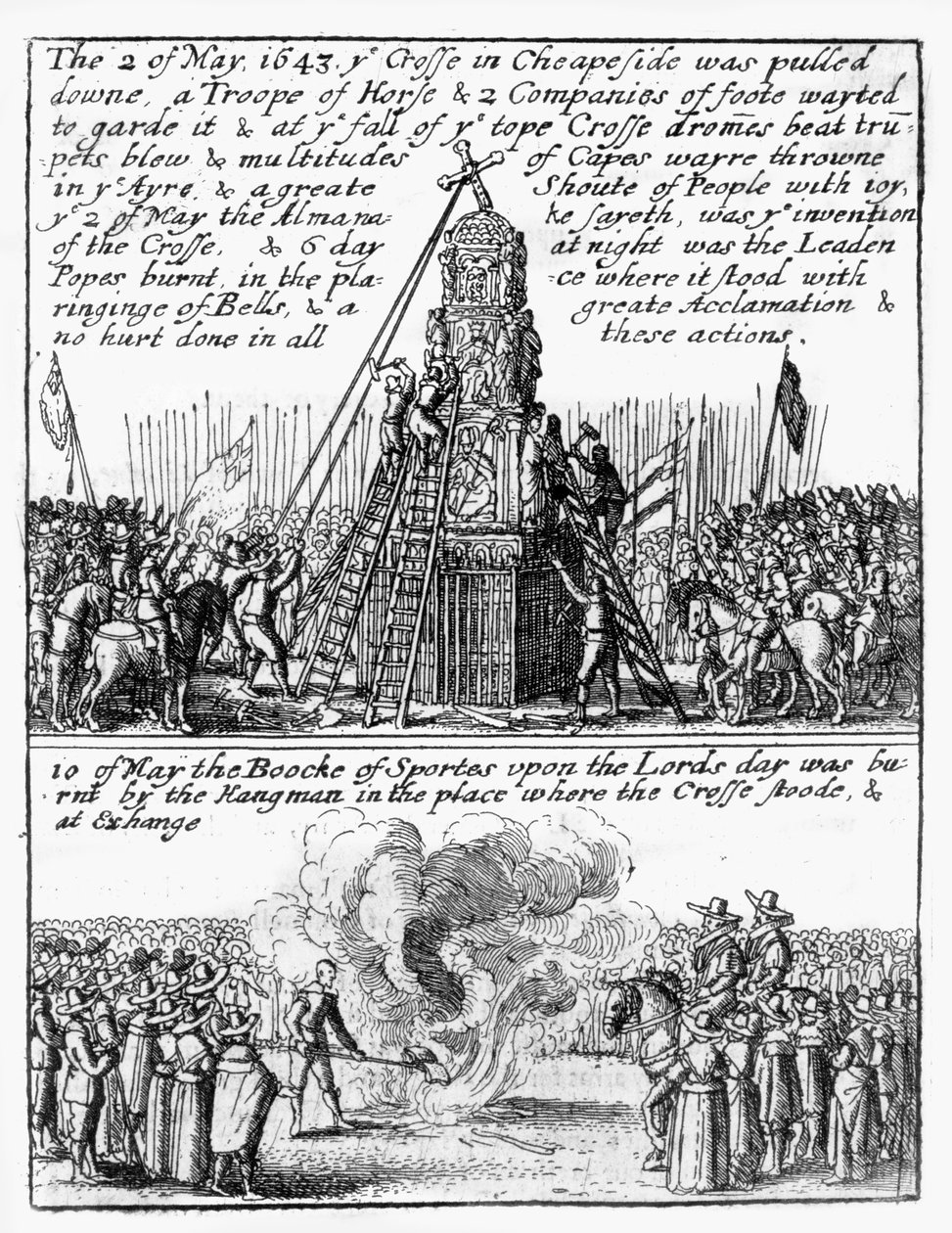 Zniszczenie Krzyża Cheapside; spalona na miejscu „Księga sportu” autorstwa Wenceslaus Hollar