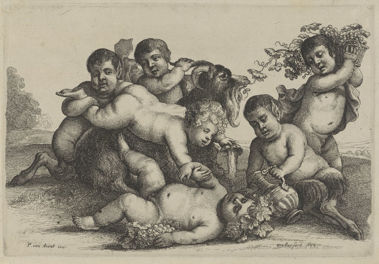 Trzech małych chłopców, dwóch satyrów i bachant koza Putti i Satyrowie (tytuł serii) autorstwa Wenceslaus Hollar