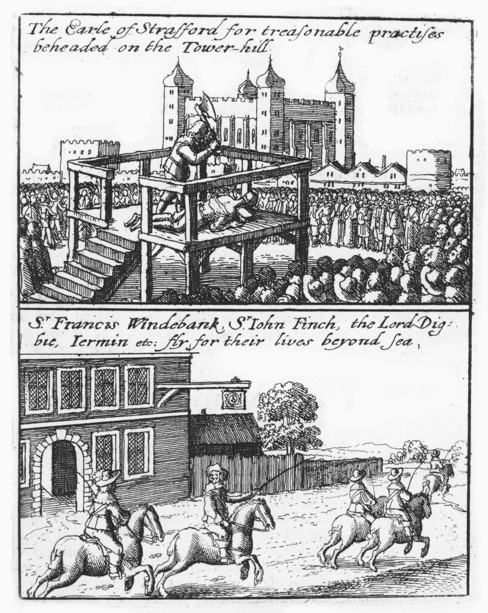 hrabia Stafford ścięty na Tower Hill; Sir Francis Windebank, Sir John Finch i Lord Digby uciekają z Anglii autorstwa Wenceslaus Hollar