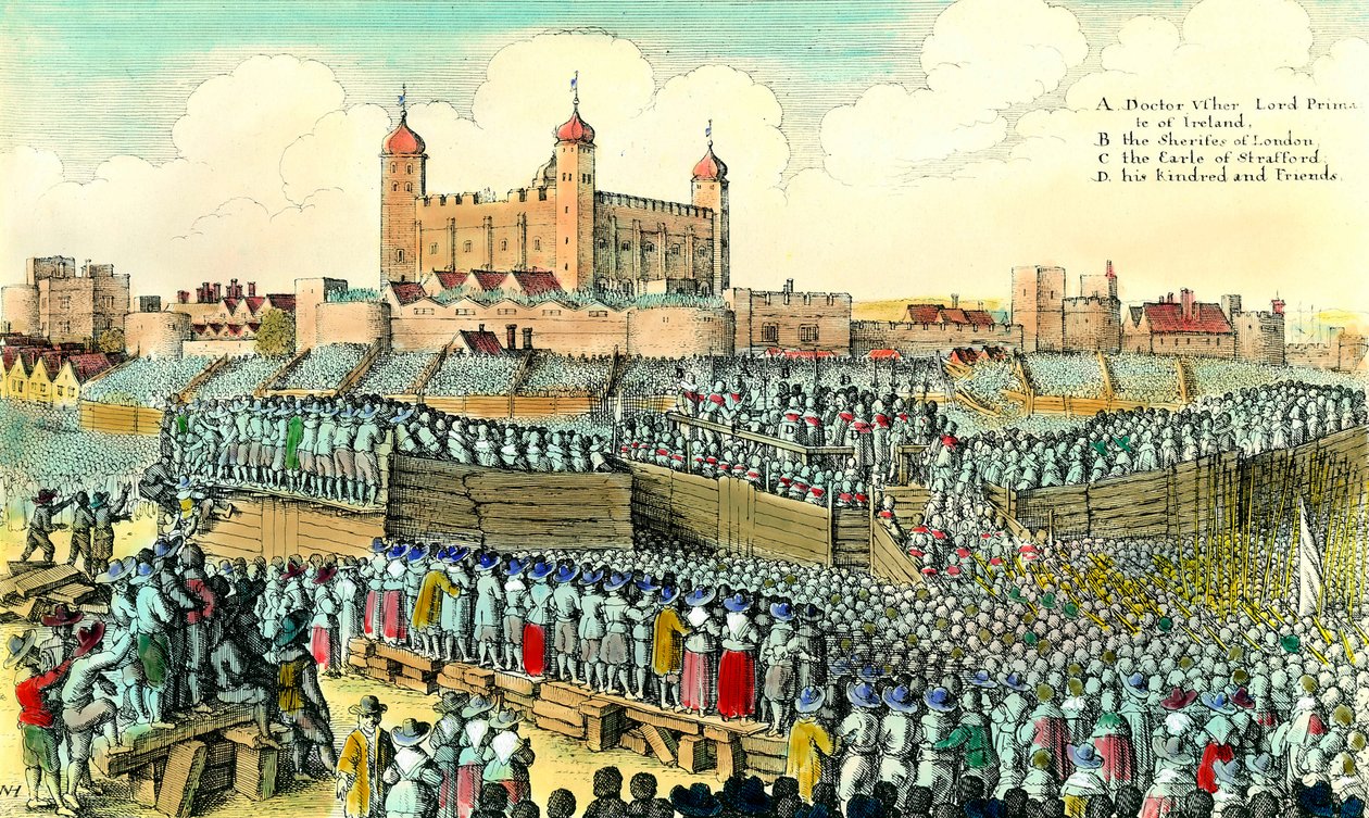 Pierwsza rewolucja angielska (1641-1649): egzekucja angielskiego polityka Thomasa Wentwortha de Strafforda (1593-1641) 12/05/1641 w Tower Hill w Londynie. Grawer Wenceslaus Hollar (1607-1677) XVII-wieczna kolekcja prywatna autorstwa Wenceslaus Hollar