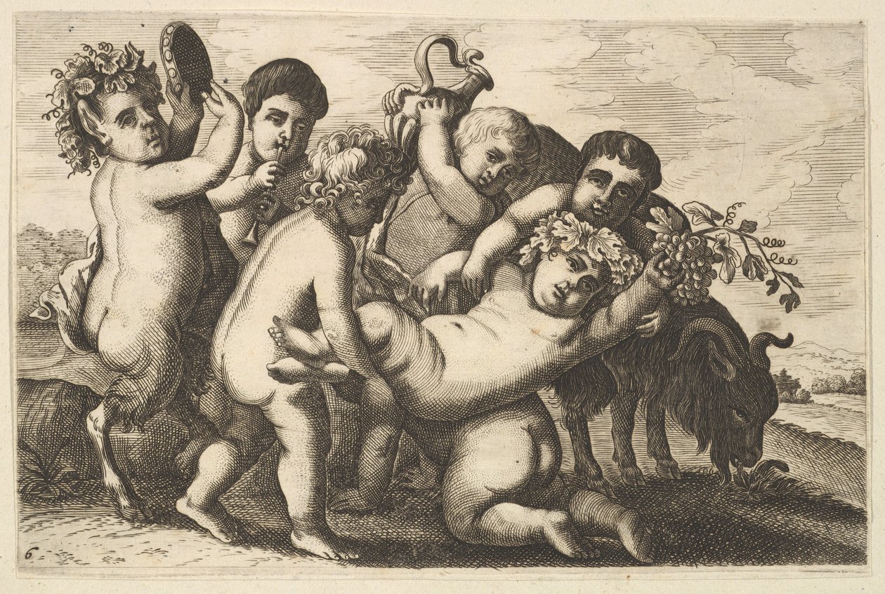 Pięciu chłopców, dwóch satyrów i koza kopia, XVII w. autorstwa Wenceslaus Hollar