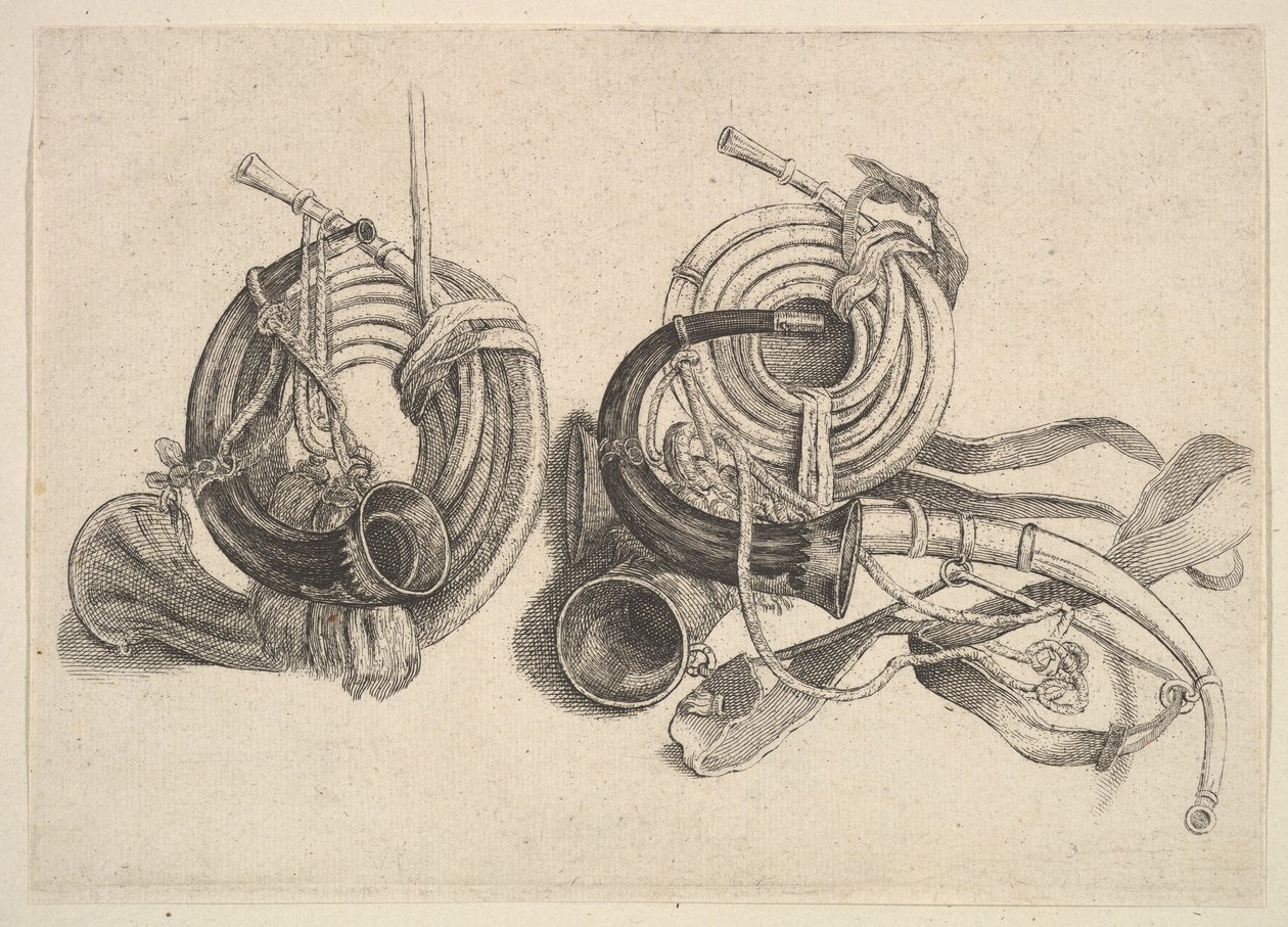 Pięć rogów myśliwskich, 1625-77. autorstwa Wenceslaus Hollar