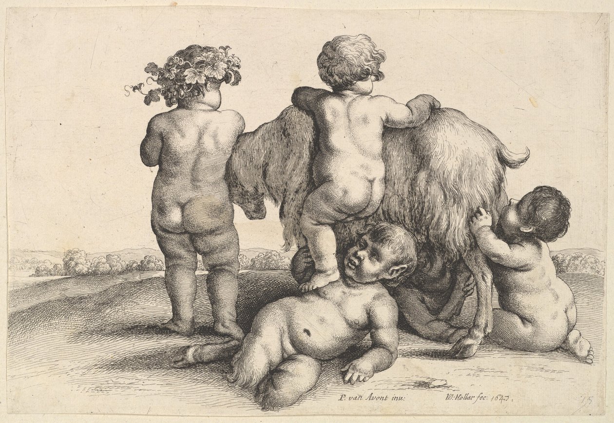 Czterech chłopców, młody satyr i koza, 1647. autorstwa Wenceslaus Hollar