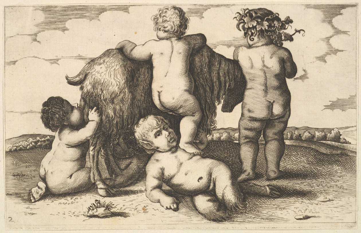 Czterech chłopców, młody satyr i koza kopia, XVII wiek. autorstwa Wenceslaus Hollar