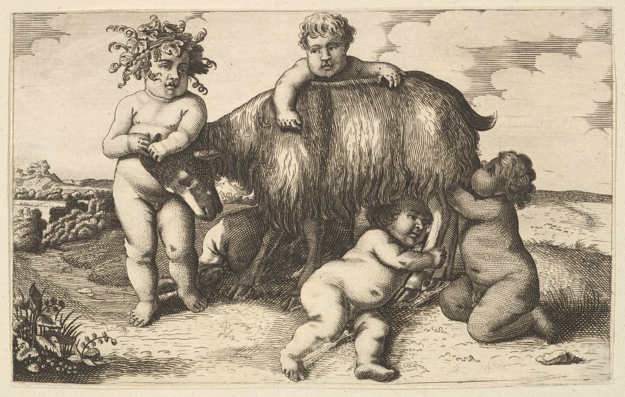 Czterech chłopców, młody satyr i kopia koza w rewersie, XVII w. . autorstwa Wenceslaus Hollar
