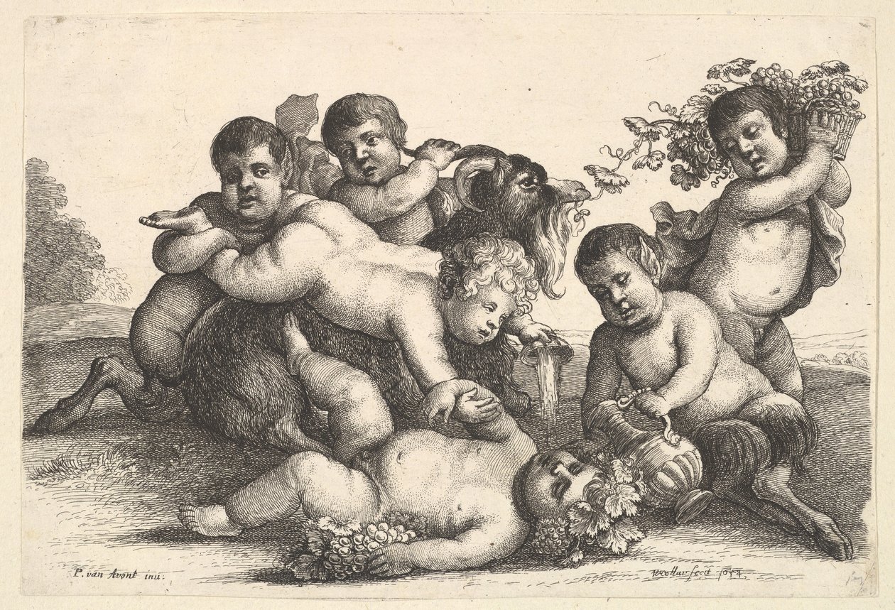 Czterech chłopców, dwóch satyrów i koza, 1654. autorstwa Wenceslaus Hollar