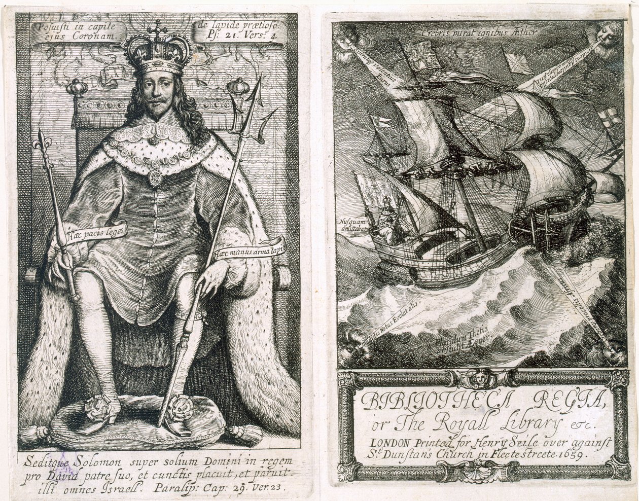 Frontispis i strona tytułowa do "Bibliotheca Regia, or The Royal Library", 1659 (akwaforta i rycina) autorstwa Wenceslaus Hollar