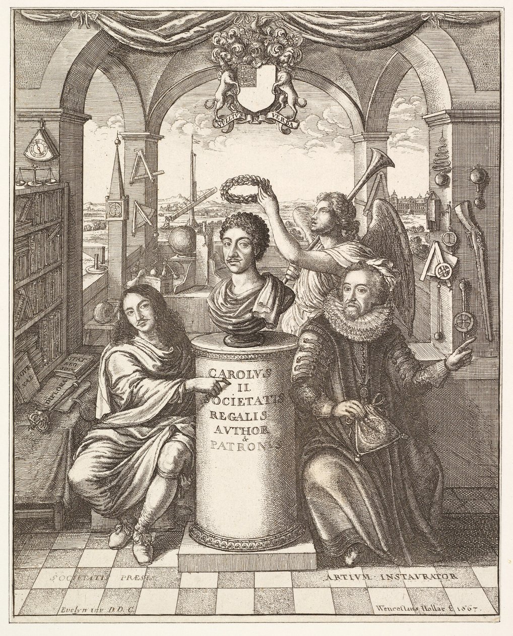 Frontyspis Historii Towarzystwa Królewskiego w Londynie Thomasa Spratta, wyd. 1702 autorstwa Wenceslaus Hollar