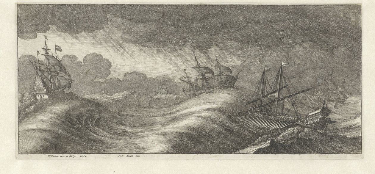 Galera i inne statki podczas burzy morskiej Burze morskie (tytuł serii) autorstwa Wenceslaus Hollar