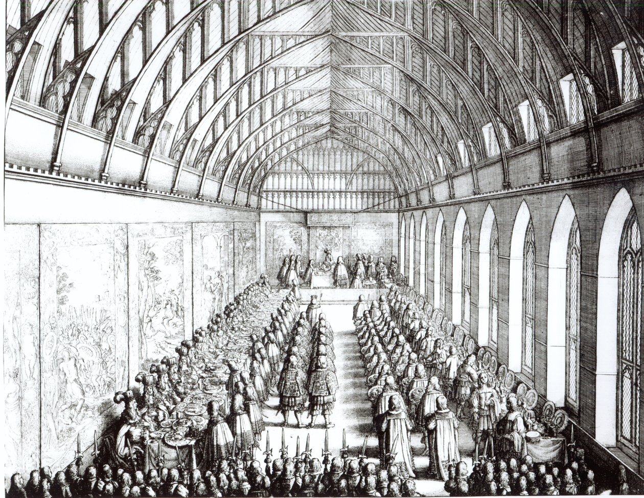 Uczta Podwiązkowa w Sali Św. Jerzego w Windsorze w czasach Karola II, 1672 r. autorstwa Wenceslaus Hollar