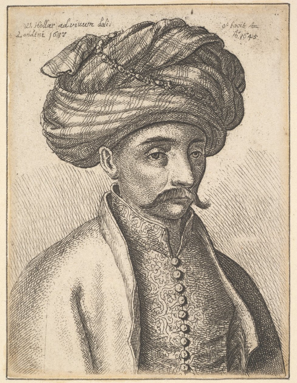 Głowa i ramiona Turka z wąsami i dużym turbanem autorstwa Wenceslaus Hollar