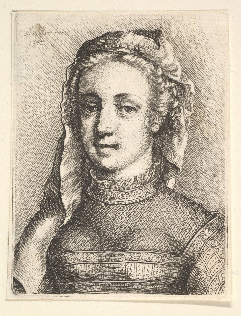 Głowa i ramiona kobiety z welonem i przezroczystym nakryciem na szyję, 1645. autorstwa Wenceslaus Hollar